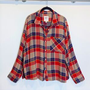 Aerie Red Blue Plaid Flannel Button Down Shirt Size Large